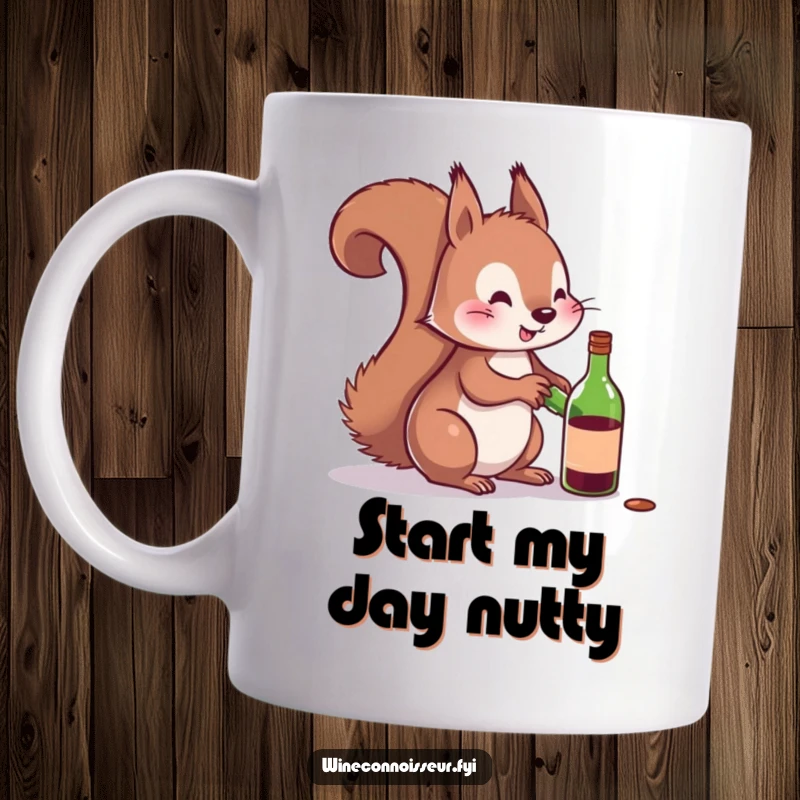 Funny mug showing a playful squirrel struggling to uncork a tiny wine bottle, symbolizing mischievous fun and adult beverages.