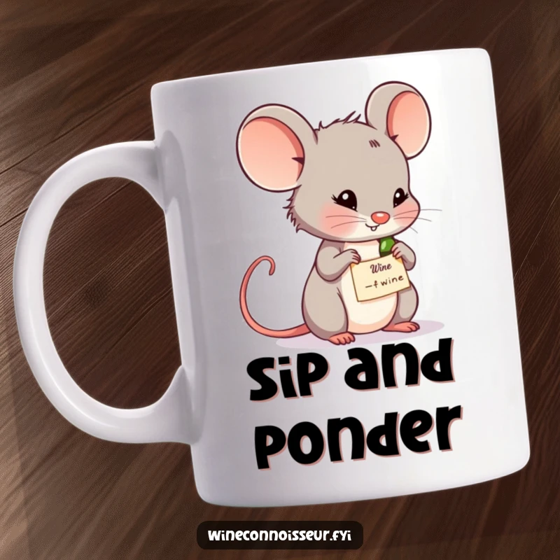Funny wine mouse mug featuring a thoughtful mouse examining a wine label. Perfect for wine enthusiasts and contemplative types.