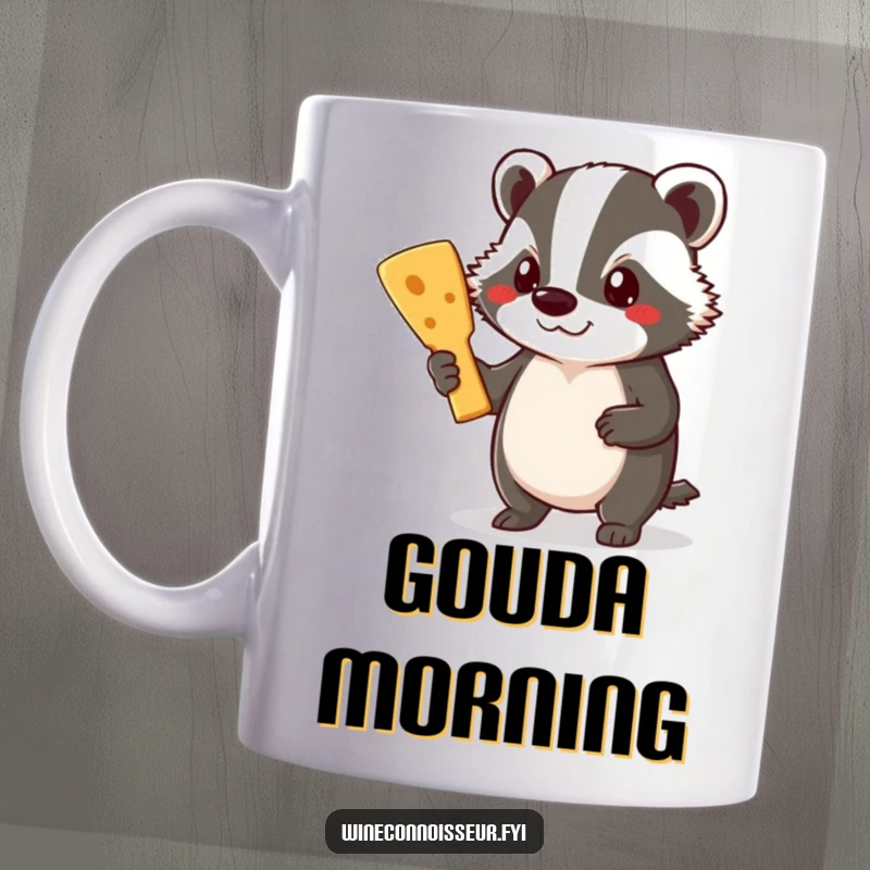 Funny Badger Mug: A determined badger proudly holds a gourmet cheese board, showcasing its passion for fine cheeses.
