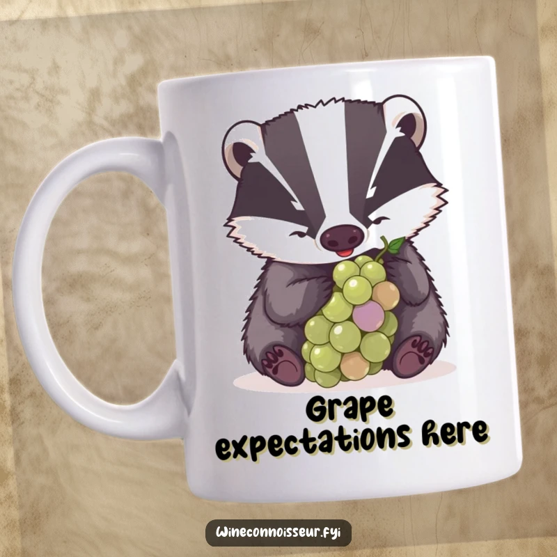 Funny mug featuring a determined badger examining a grape with great concentration, showcasing intense focus and humorous dedication.