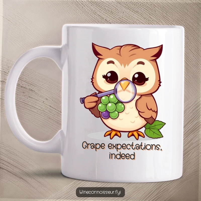 Funny mug featuring a cheerful owl character with a magnifying glass intently examining a small grape. Ideal for curious minds.