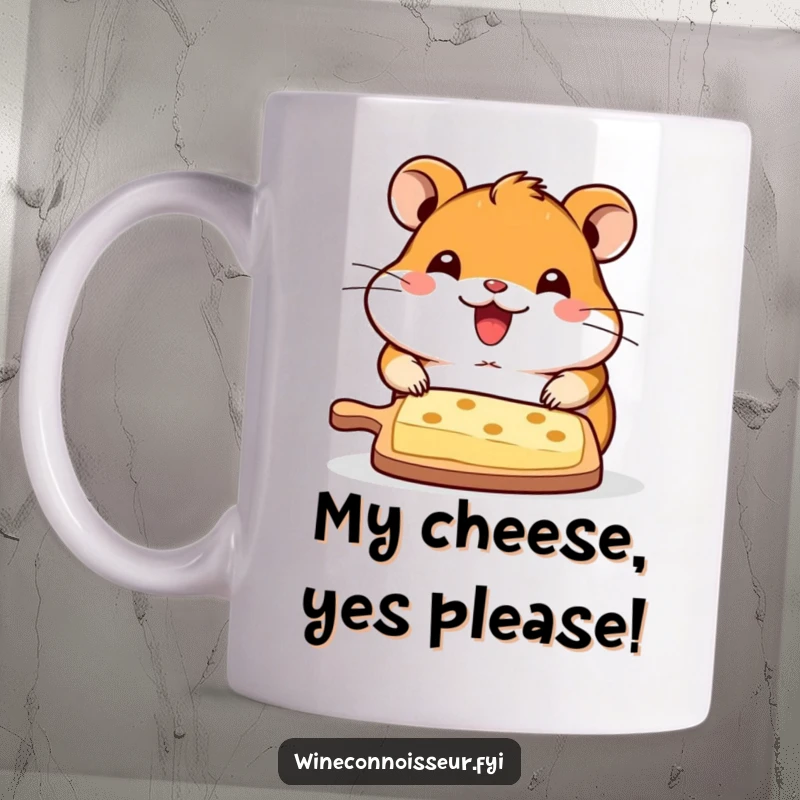 Funny mug featuring a delighted kawaii hamster offering a delicious cheese board, perfect for a humorous and charming gift.