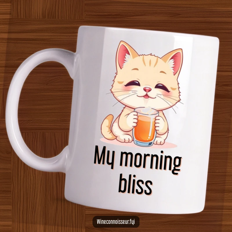 Funny mug showing a playful cat taster savoring a tiny sip with eyes closed and a look of pure bliss, exuding contented humor and feline delight.