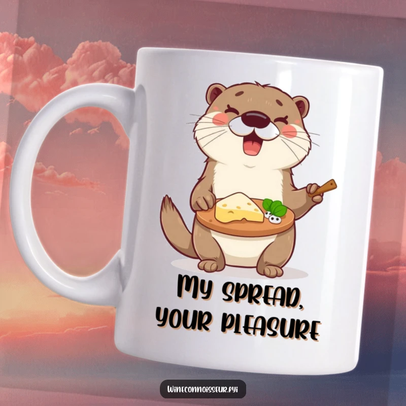 Funny otter mug holding a cheese platter, looking delighted with tasting notes, a perfect gift for cheese lovers.