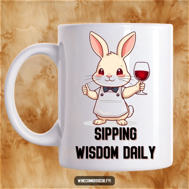 Funny rabbit sommelier mug, wearing apron, nodding wisely, expert bunny wine taster character.