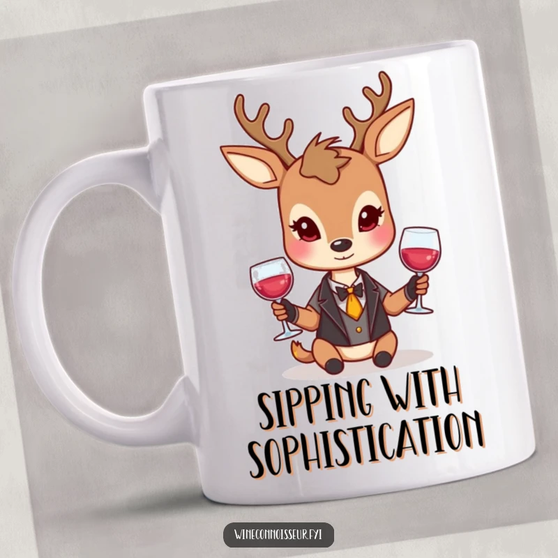 Funny deer mug featuring a dignified character elegantly holding a wine glass with a reserved smile, ideal for wine lovers.