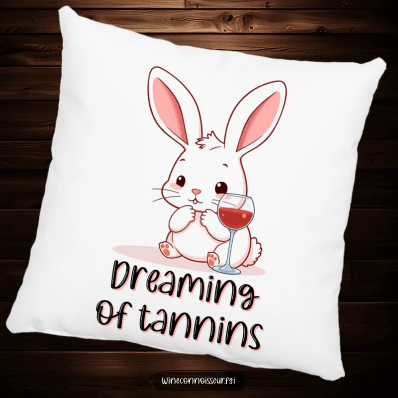 Funny kawaii rabbit pillow, a plush bunny pondering wine choices, providing humorous comfort and decorative appeal.