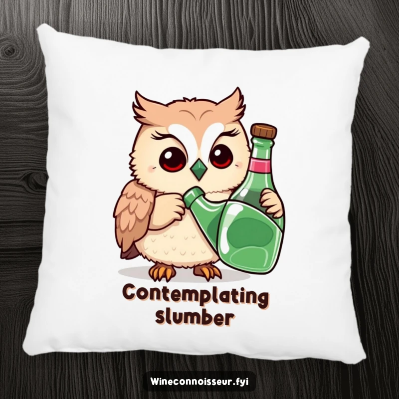 Funny pillow featuring a playful owl meticulously sniffing a bottle with a thoughtful expression, a soft and humorously contemplative item.