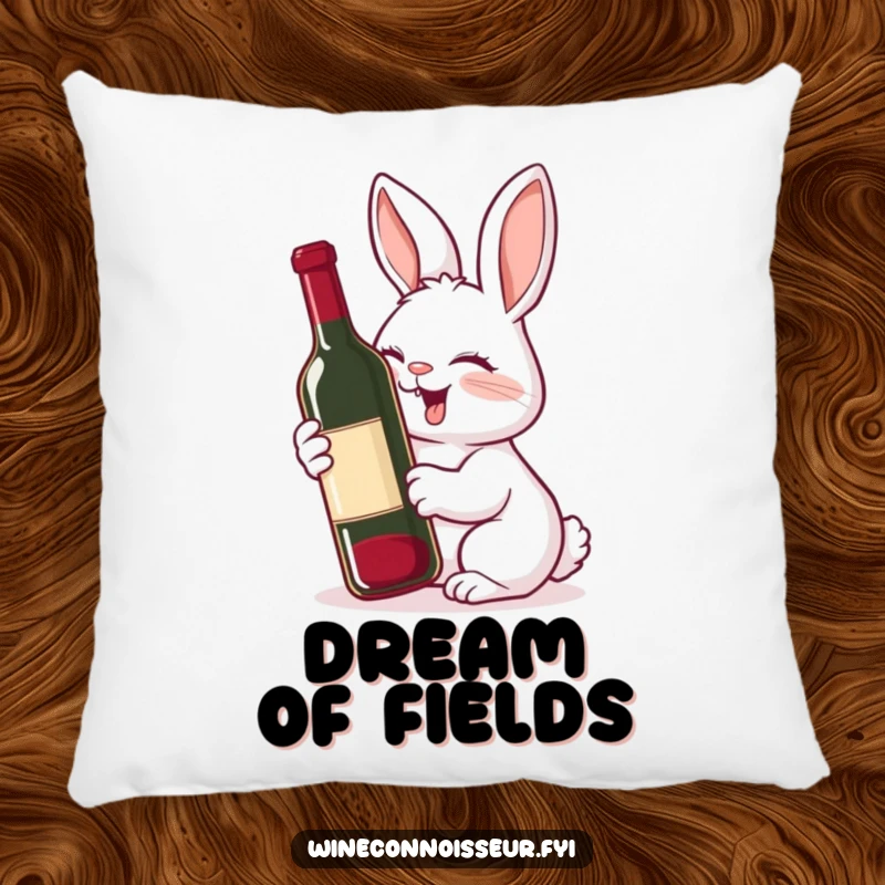 Funny pillow featuring a giggling rabbit with a delighted expression, sniffing a wine bottle, offering cozy and whimsical charm.