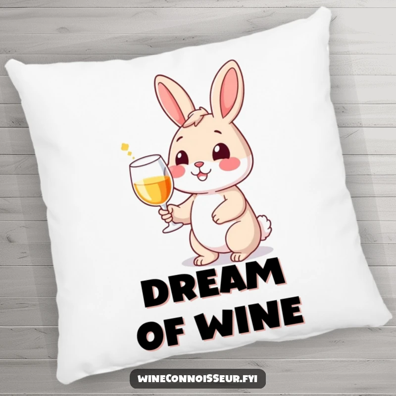 Funny pillow featuring a smiling rabbit character holding a wine glass with a flourish, offering comfort and cartoonish charm.