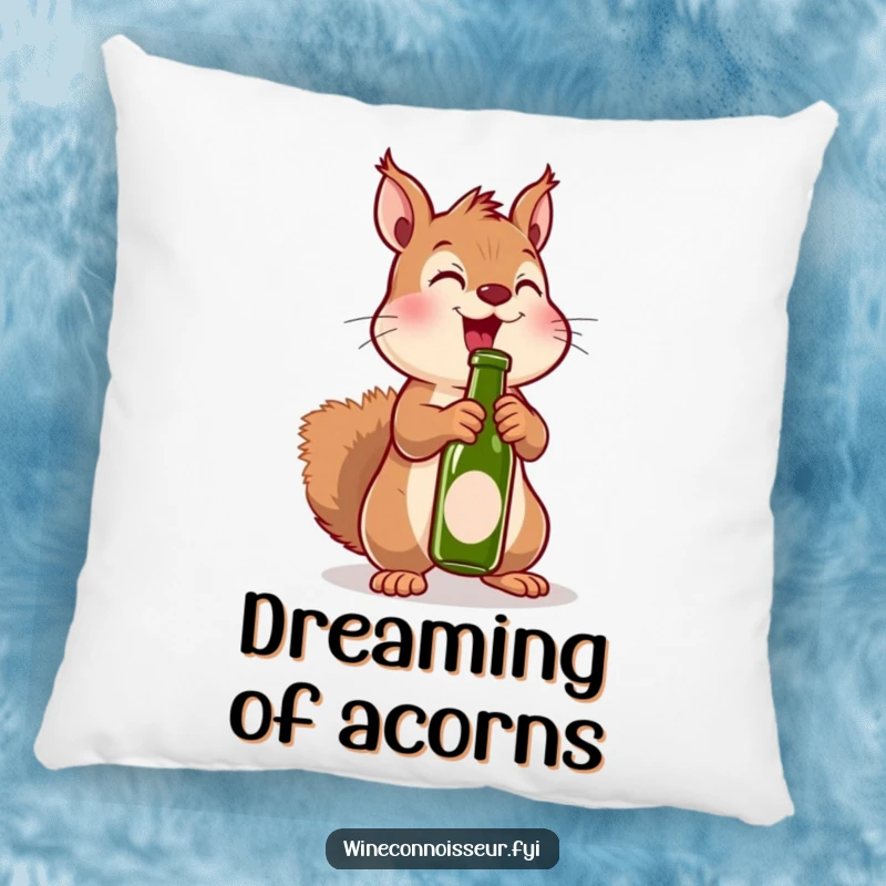 Funny pillow with an excited kawaii squirrel uncorking a miniature bottle, offering cozy and spirited humor.