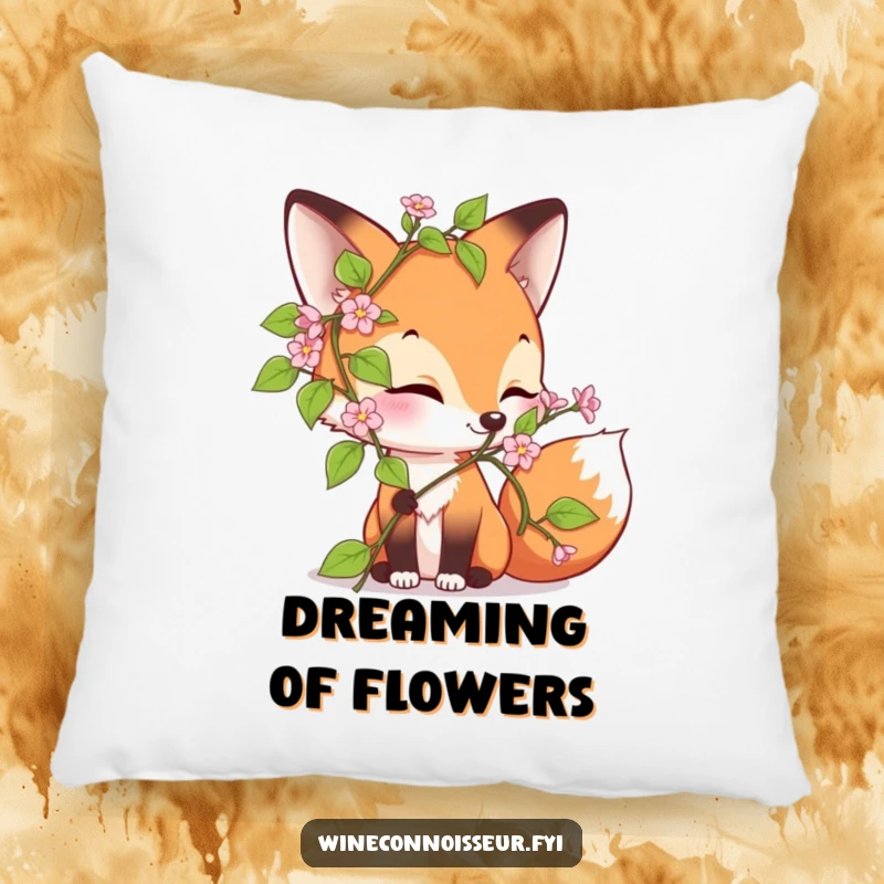 Funny pillow depicting a curious fox character joyfully sniffing a blooming vine, adding a touch of natural humor and comfort.