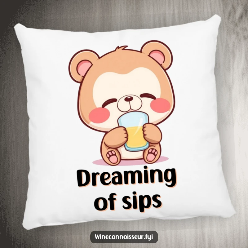 Funny bear pillow featuring a joyful bear character with closed eyes, savoring a sip, perfect for cozy, peaceful moments.