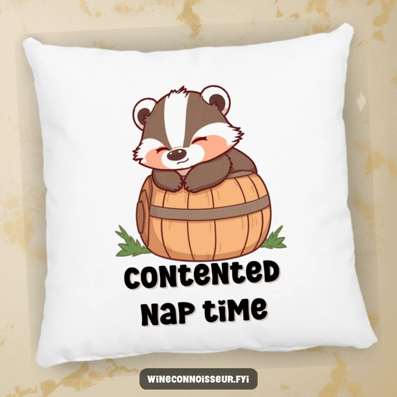 Funny pillow showing a wise badger lounging on a barrel with a satisfied expression, offering soft, peaceful comfort.