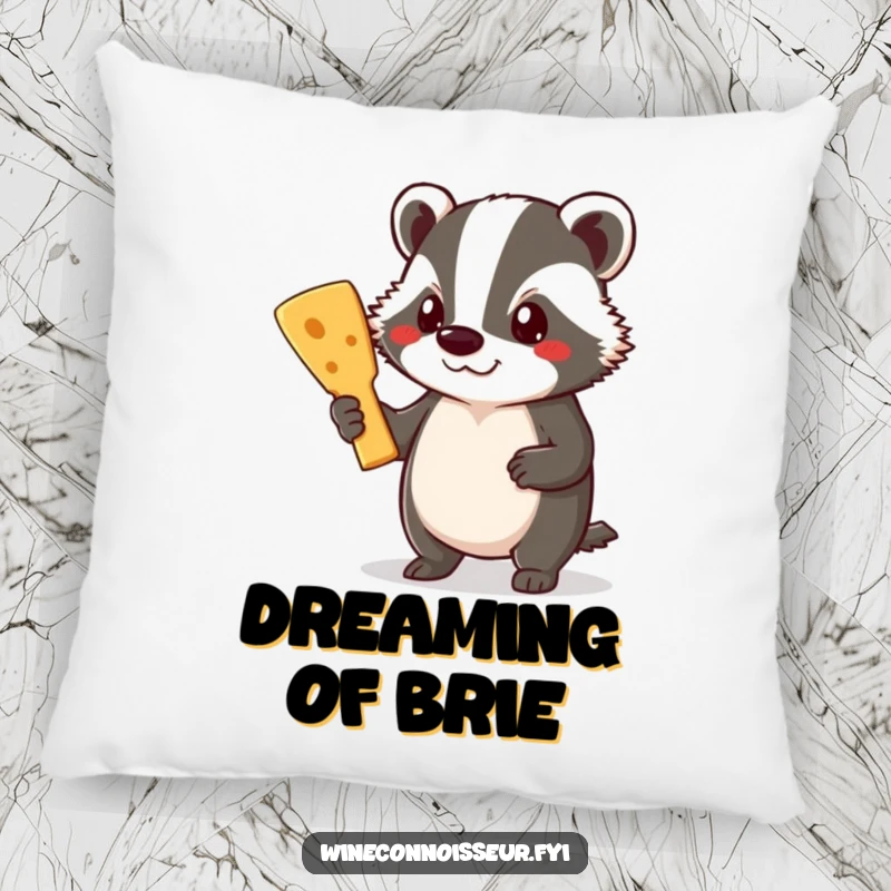 Funny Badger Pillow: A proud badger holds a delicious cheese board, adding comfort and gourmet humor to your living space.