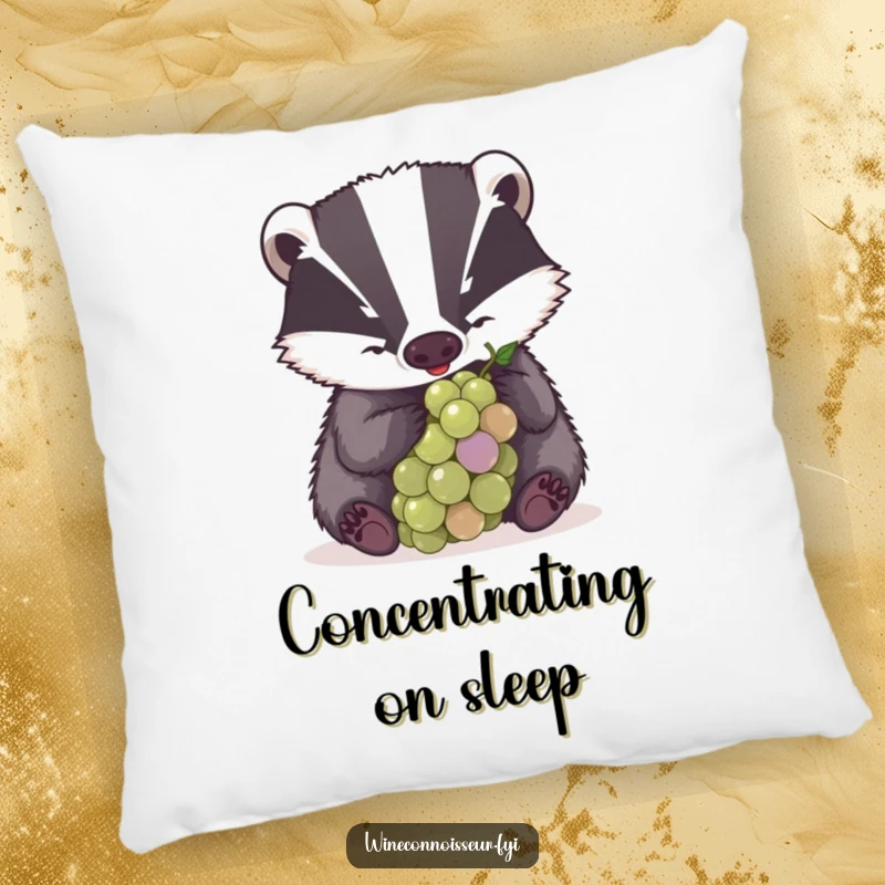 Funny pillow featuring a determined badger examining a grape with great concentration, a soft and humorously focused item.