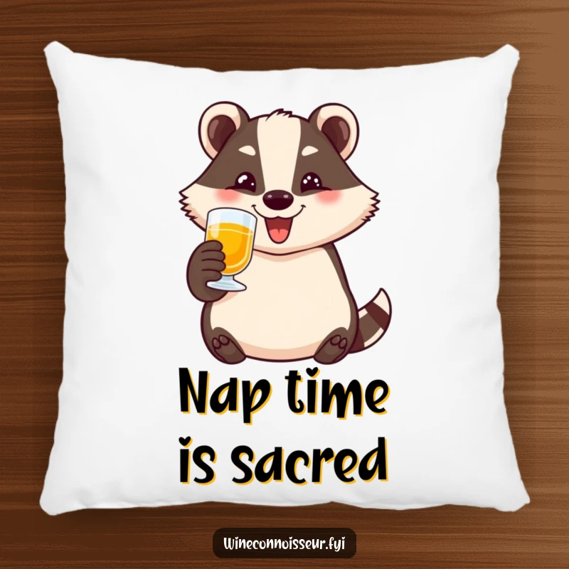 Funny badger pillow with a happy character toasting with a small glass and a wide smile, offering comfort and humor.