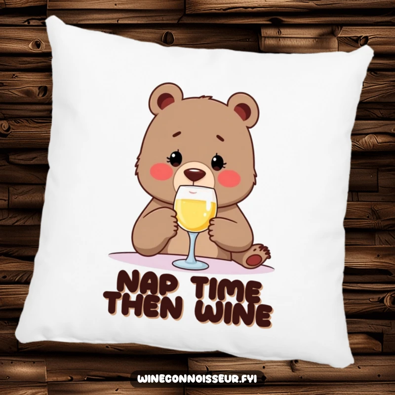 Funny and soft pillow showcasing a determined bear with a wine glass, taking a tiny sip, ideal for adding humorous comfort to any seating area.