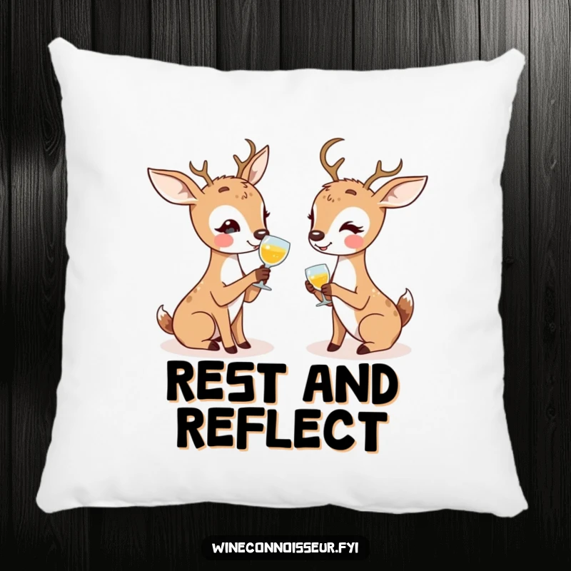 Funny pillow with kawaii deer characters enthusiastically discussing tasting notes, offering cozy friendship humor.