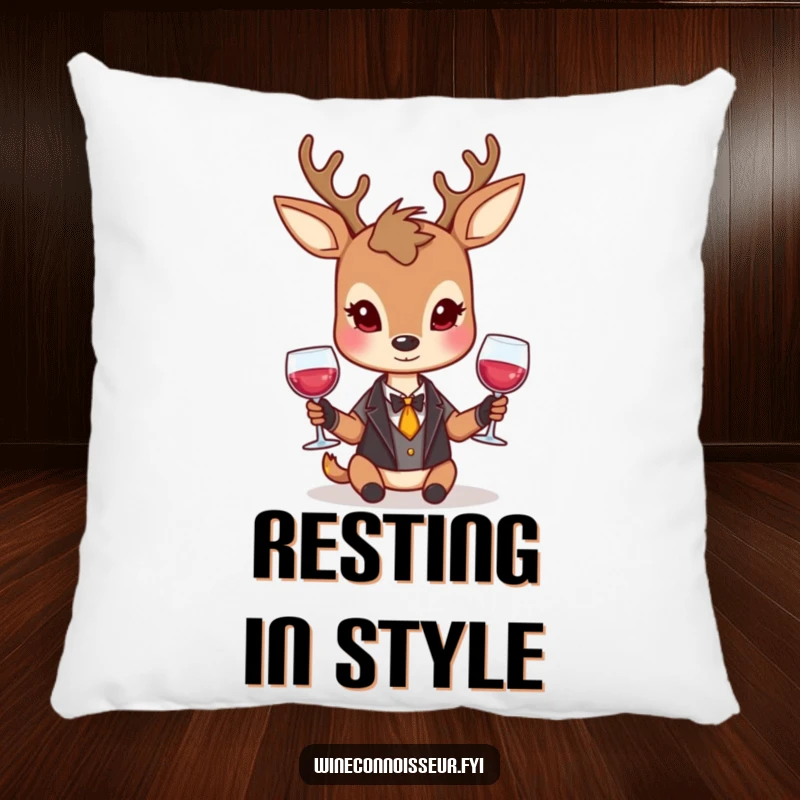 Funny deer pillow featuring a dignified character holding a wine glass with a reserved smile, adding sophisticated humor to any room.