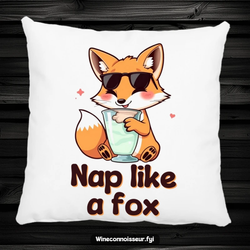 Funny kawaii fox pillow, character swirling wine glass, sophisticated happy expression, soft and amusing cushion.