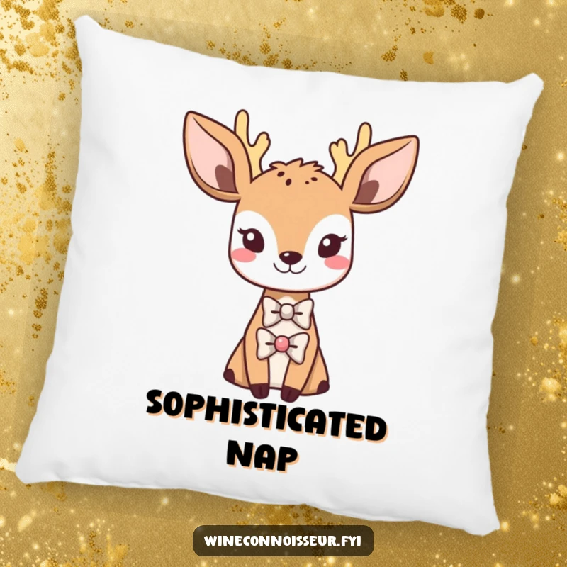 Funny pillow with a sophisticated Kawaii deer wearing a tiny bowtie, cozy elegant theme, cute and humorous decor gift.
