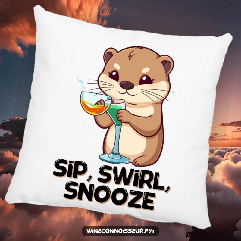 Funny otter pillow featuring a sophisticated otter character artfully swirling a glass, perfect for cozy elegance and refined lounging.
