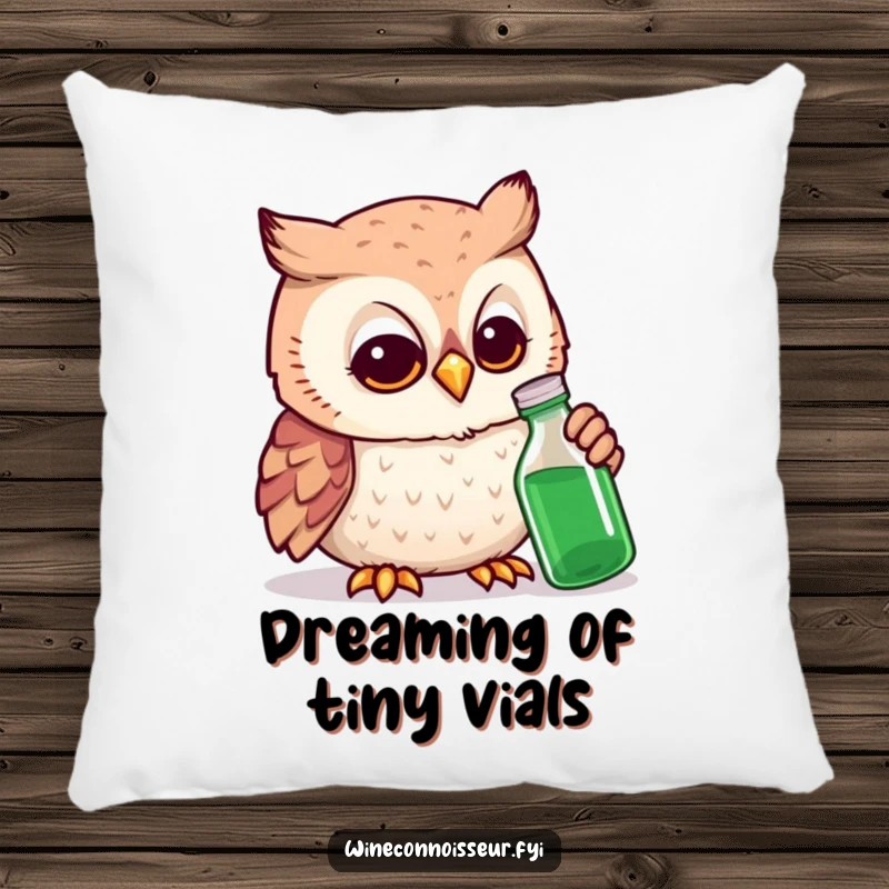 Funny owl expert pillow with a smiling owl examining a tiny bottle, designed for comfort and intellectual amusement.