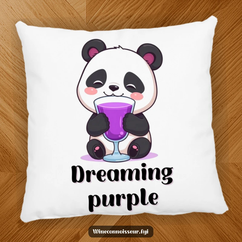 Funny happy panda swirling purple liquid pillow, soft and comforting, bringing a humorous and relaxed vibe.