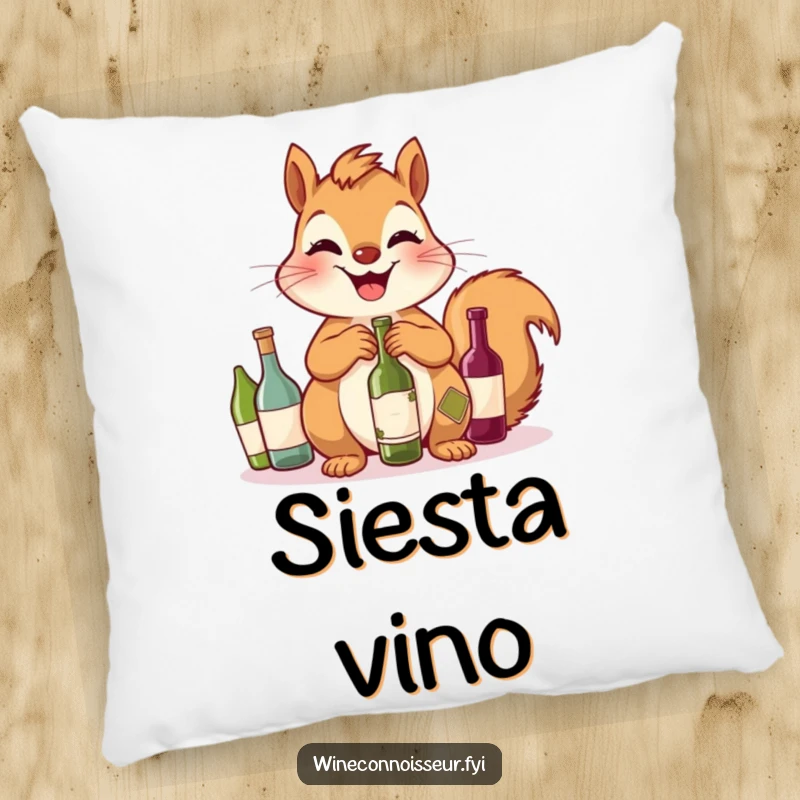 Funny Squirrel Pillow: A giggling squirrel displays its miniature wine bottle collection, adding comfort and playful humor.
