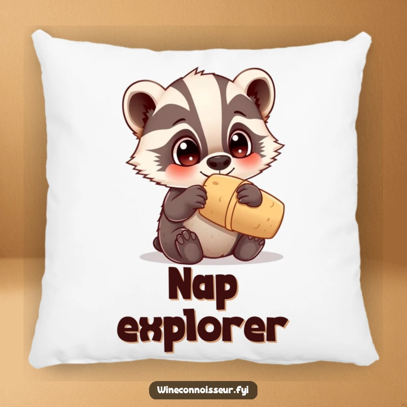Funny pillow with a curious Kawaii badger examining a cork, cozy animal theme, cute and humorous decor gift.