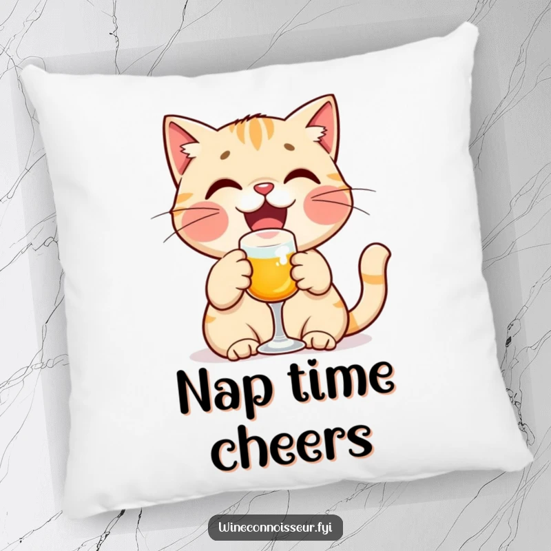 Funny cat pillow featuring a delighted cat character toasting with a miniature glass, offering comfort and a celebratory touch.