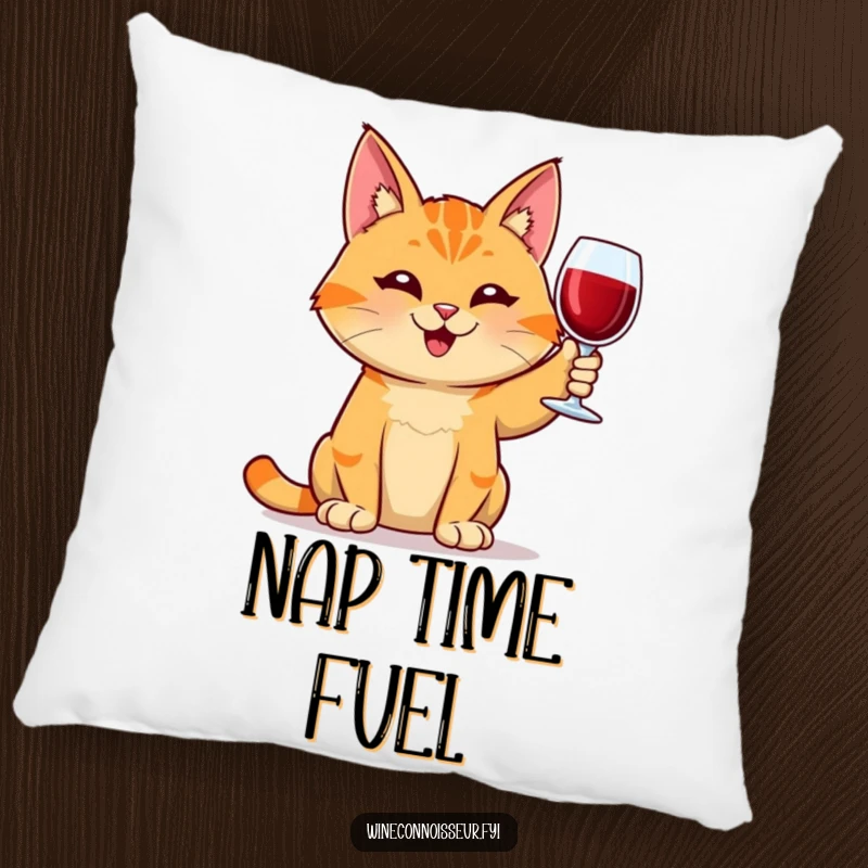 Funny cozy pillow with an orange tabby cat holding a wine glass, looking content, perfect for sofas and beds, a charming funny gift.