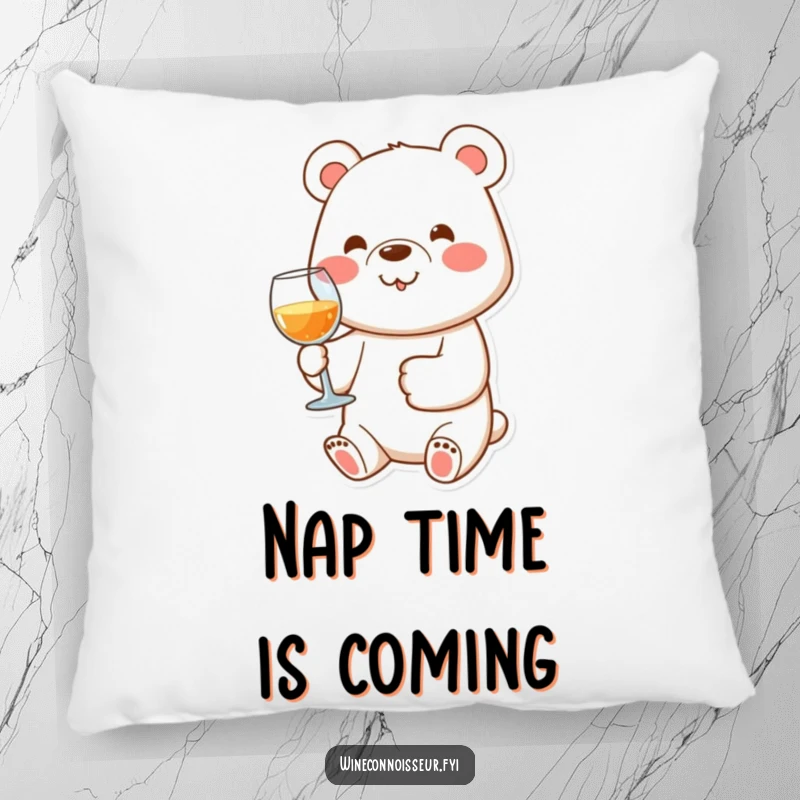 Soft and funny pillow showcasing a happy bear character holding a wine glass with its paw, ideal for cozying up.