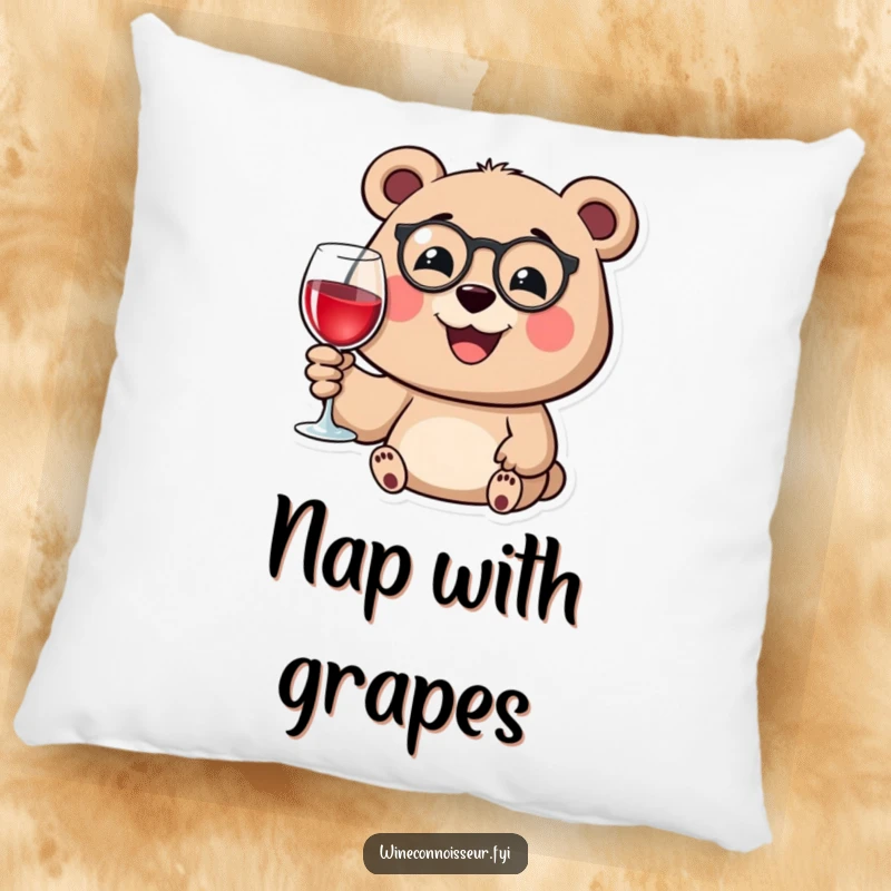 Funny pillow featuring a happy bear wearing a monocle, smiling contentedly while holding a wine glass, offering cozy charm.