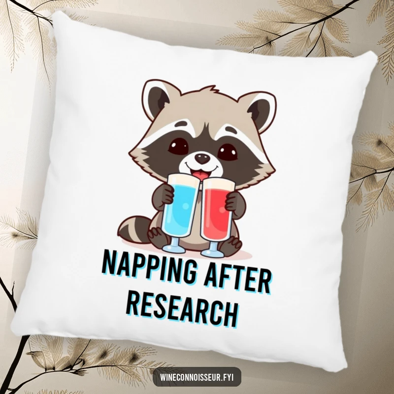 Funny pillow featuring a cheerful raccoon comparing two different colored liquid samples, bringing cozy scientific charm to any room.