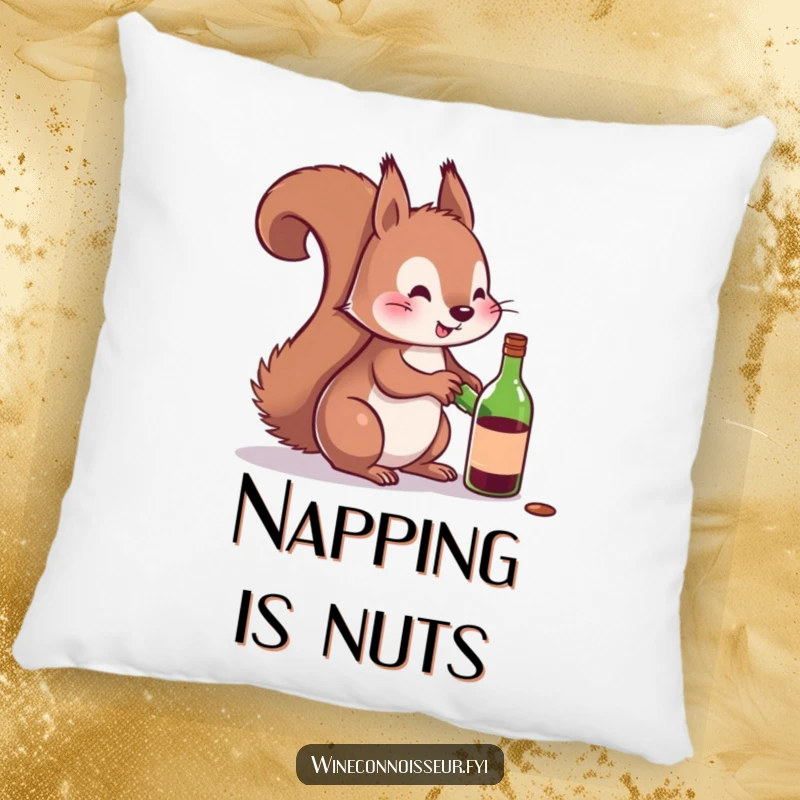 Funny pillow with a playful squirrel trying to uncork a miniature wine bottle, offering soft, humorous comfort.