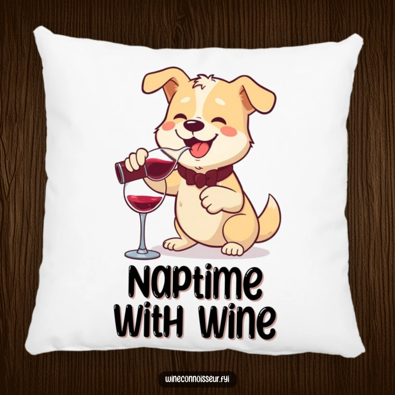 Funny pillow featuring a cheerful dog pouring wine from a decanter with a flourish, offering cozy and charming comfort.