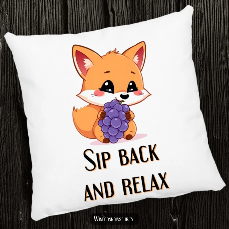 Funny pillow featuring a cheerful fox sniffing a grape with a discerning look, for ultimate comfort.