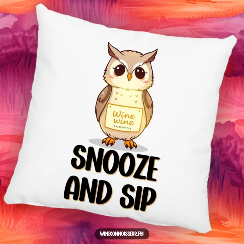 Funny pillow with a kawaii owl gently illuminating a wine label, offering cozy comfort and sophisticated humor.