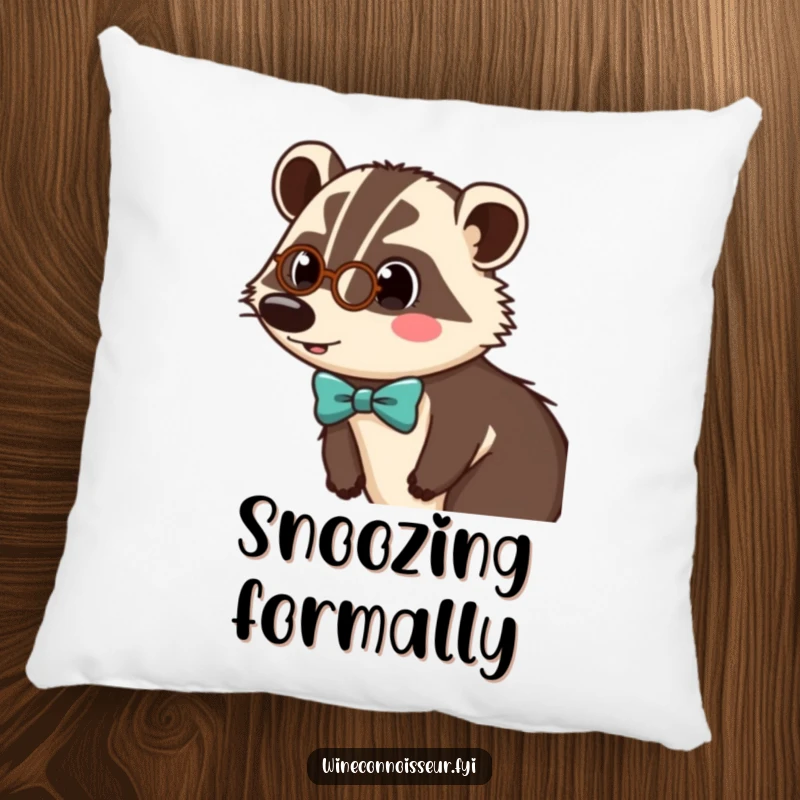 Funny pillow featuring a surprised badger character sporting a tiny monocle and bow tie, offering luxurious comfort with a humorous touch.