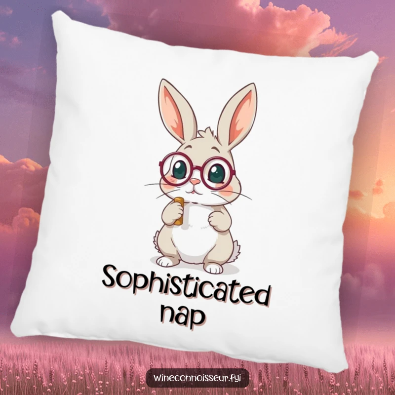 Funny rabbit with monocle examining cork pillow, soft and sophisticated, bringing a humorous and refined vibe.