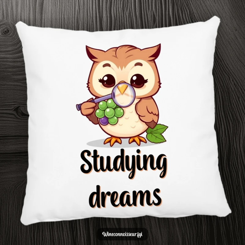 Funny pillow featuring a cheerful owl character peering through a magnifying glass at a grape, adding a humorous and cozy touch.