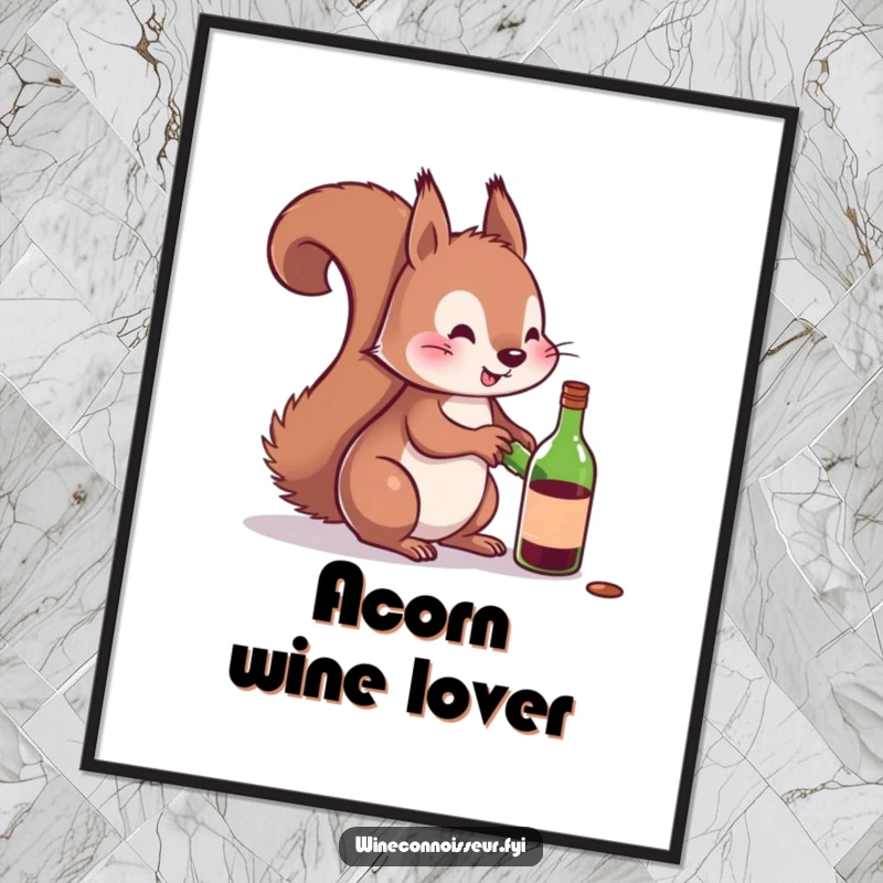Funny digital art print of a playful squirrel trying to uncork a miniature wine bottle, offering instant fun.