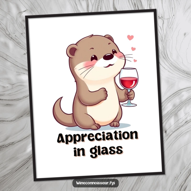 Funny kawaii otter digital art print, character holding wine glass, sighing contentedly, instant download, art.