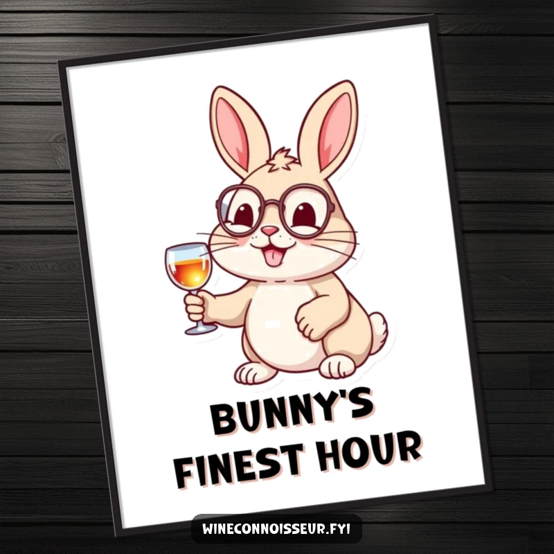 Funny digital art print of a cheerful rabbit with a monocle and wine glass, offering instant sophisticated and humorous decoration.