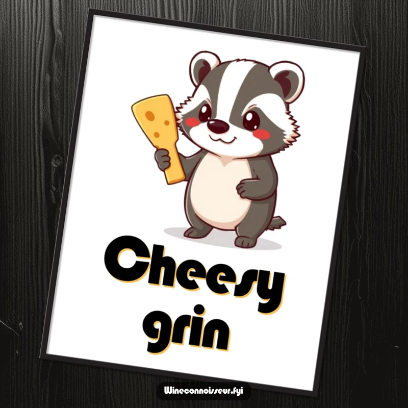 Funny Badger Digital Art: A proud badger holds a cheese board, offering instant downloadable gourmet-themed humor.