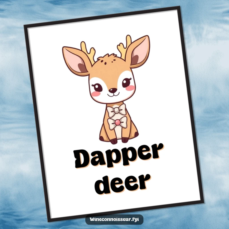 Funny digital art print of a sophisticated Kawaii deer wearing a tiny bowtie, dapper animal artwork, humorous and cute decor gift.