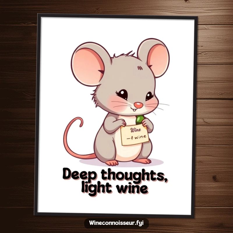 Funny digital art print of a thoughtful mouse contemplating a wine label. High-resolution art for instant download.