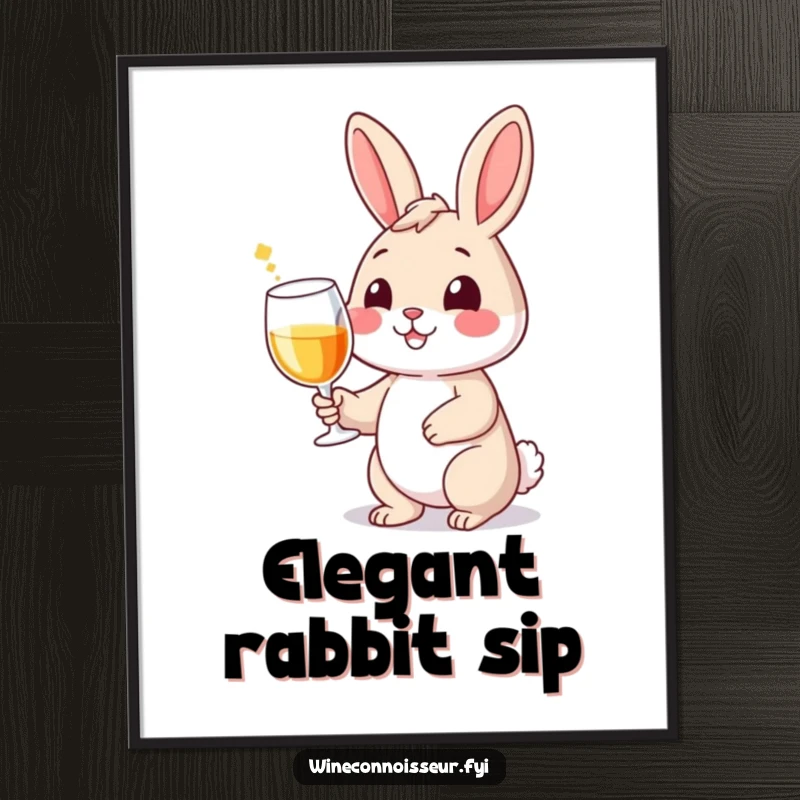 Funny digital art print of a smiling rabbit character holding a wine glass with a flourish, perfect for instant, elegant decor.
